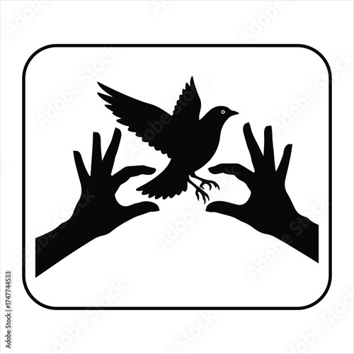 Art of shadow puppet of a bird flying between two hands silhouette art design