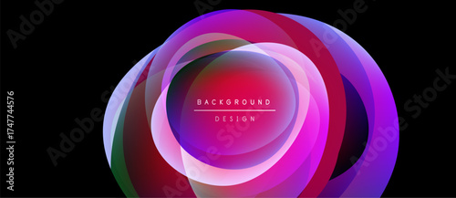 Abstract colorful layers create circular design. Vibrant pinks, purples, reds blend with white glow. Modern background element.
