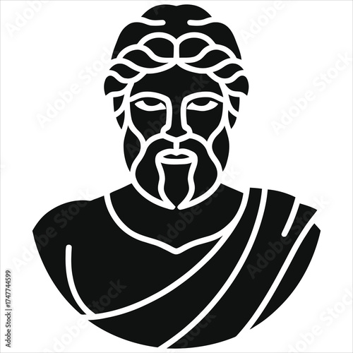 Ancient Greek god bust silhouette – black and white minimalist Zeus style vector illustration, classical mythology deity icon for logo, tattoo, t-shirt, branding, sticker, mascot design isolated