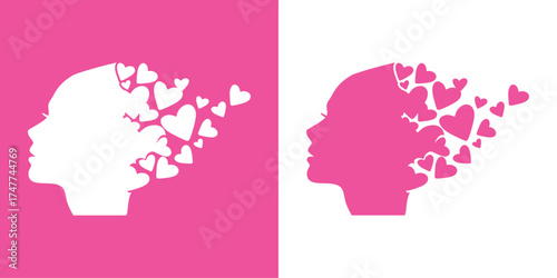 Logo del día de San Valentín. Silueta de cabeza de mujer formada por corazones para su uso en felicitaciones y tarjetas