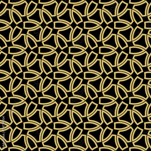 Seamless ornament in arabian style. Geometric black and golden abstract background. Grill with pattern for wallpapers and backgrounds