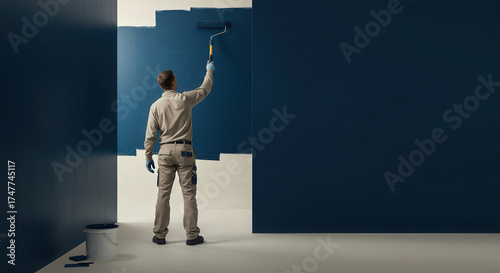 Man painting a wall in dark blue color with a roller brush  