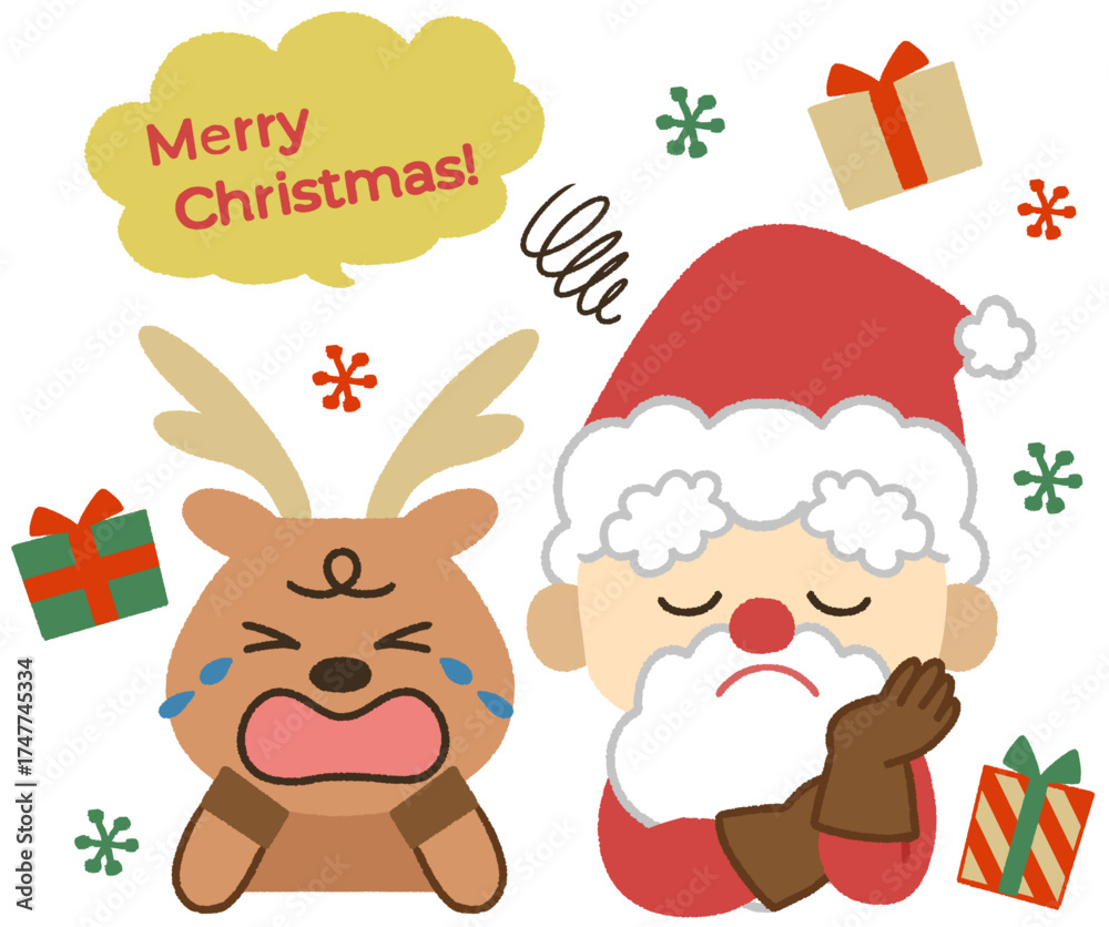 Fototapeta premium 泣いているトナカイと困った顔をしたサンタのクリスマスアイコンイラスト