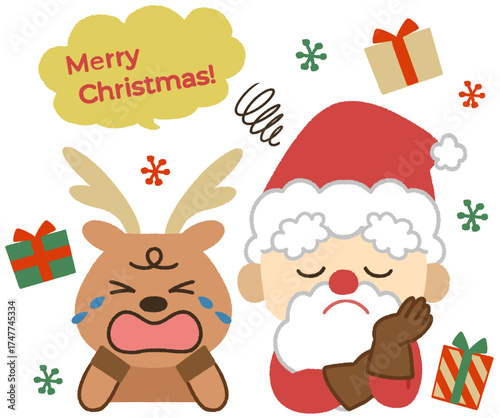 泣いているトナカイと困った顔をしたサンタのクリスマスアイコンイラスト