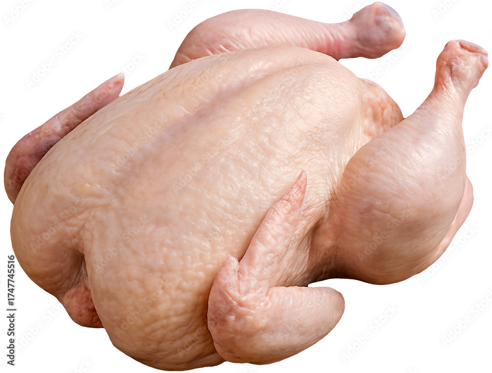 Fototapeta premium Whole raw chicken on rustic wooden surface, top-down view, natural lighting, editorial food styling