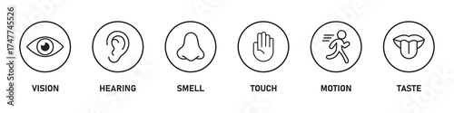Human senses icon set. Vision eye, smell nose, hearing ear, touch hand, taste mouth with tongue. Simple line icons and black circle. Five senses of human nervous system. Vector illustration.