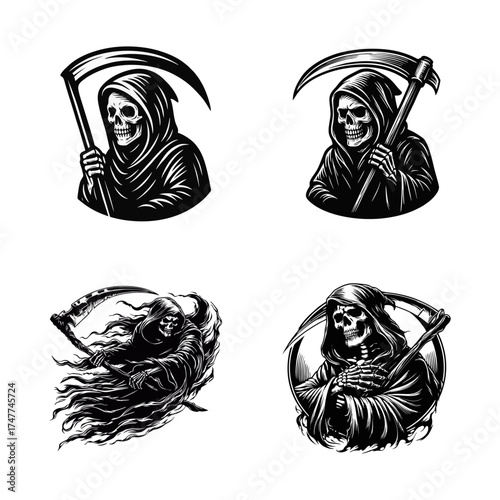 Grim Reaper Set, Death Character With Scythe Illustration