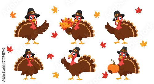 Animated turkeys dressed for Thanksgiving festivities surrounded by autumn leaves.