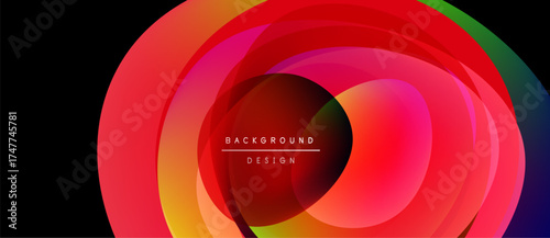 Abstract colorful layers create dynamic circular design. Gradient hues blend, forming vibrant visual effect. Text reads background design.