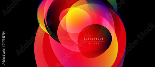Abstract colorful shapes overlap, creating vibrant gradients. Design features text background design within central area. Modern aesthetic.
