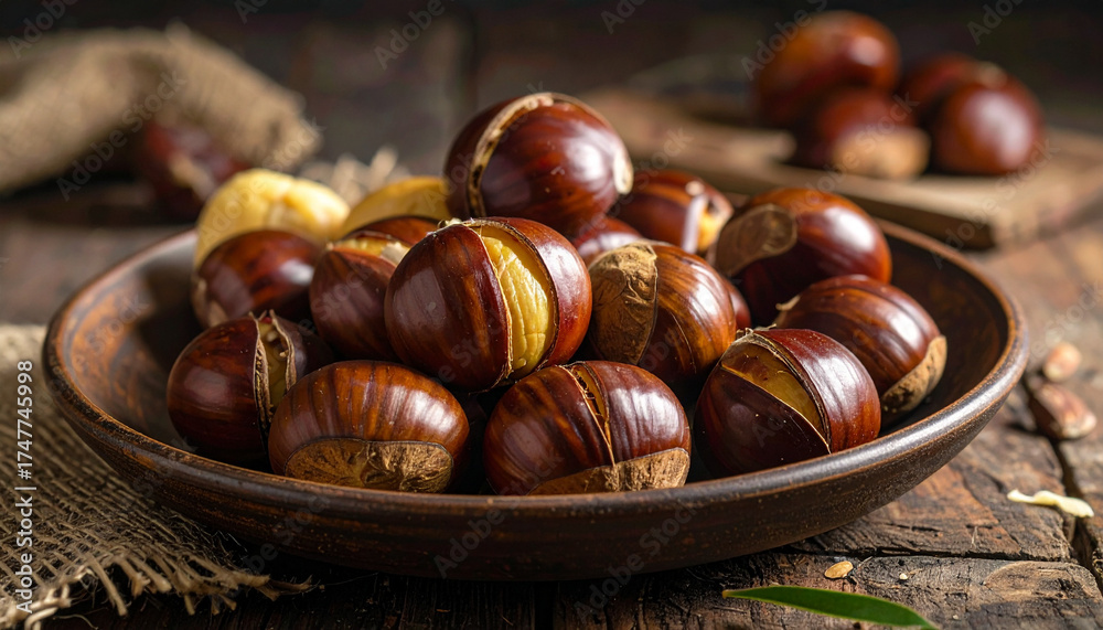 Obraz premium Fresh peeled water chestnuts on rustic plate, macro close-up detail