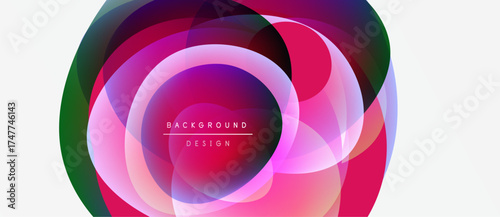 Abstract circles overlap, creating vibrant pinks, purples, greens. Design features text background design within central area. Modern, dynamic composition.