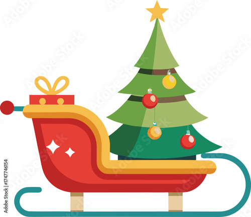 Red sleigh with Christmas tree and gift present