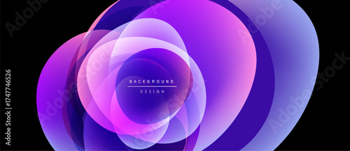 Abstract purple layers create dynamic oval shape. Gradient colors blend, forming modern background design. Minimal text present.