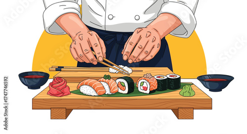 Expert sushi chef expertly prepares delicious seafood rolls and nigiri on a wooden platter with dipping sauces.