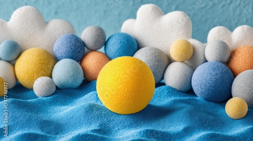 Cheerful scene featuring colorful pastel foam balls and clouds against a bright blue sand background close up view