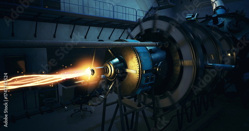 Photos A high tech laboratory showcases an advanced propulsion system with glowing engines creating powerful energy beams