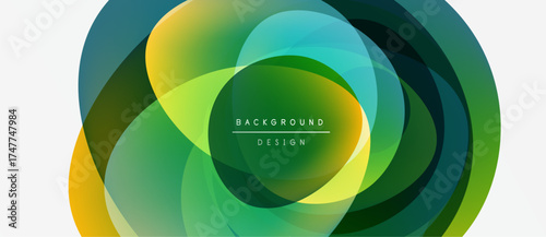 Abstract colorful layers create dynamic circular design. Gradient hues blend, forming modern background element. Text reads background design.