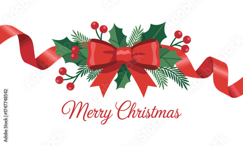 Merry christmas ribbon decoration with holly leaves red berries and festive bow on white background
