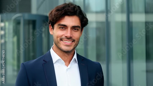 Wallpaper Mural Businessman smiles confidently near glass building business area. Corporate professional businessman standing outdoors in modern finance district. Confident business appearance for professional image. Torontodigital.ca