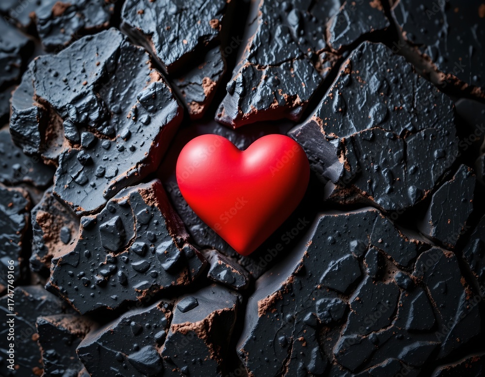 Fototapeta premium Red Heart Dark Rocky Surface with Dramatic Lighting
