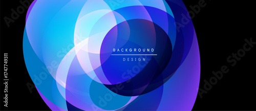 Abstract design features overlapping circles, vibrant blue hues, gradients. Text reads background design centered within composition.