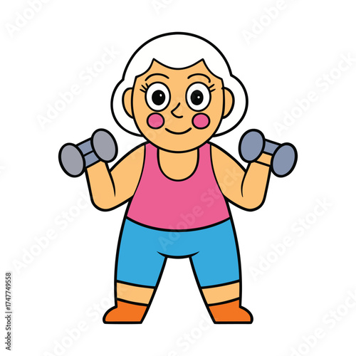 Senior woman doing exercises with dumbbells vector illustration.