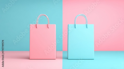 Minimalist Pastel Shopping Bags in Pink and Blue Aesthetic Still Life Photography for E Commerce and Creative Mockup