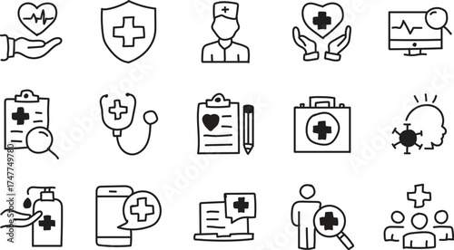 Hand Drawn Healthcare and Medical Line Icons Set – Hospital, Wellness, and Doctor Equipment Concepts
