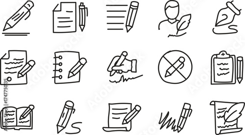 Hand Drawn Writing and Documentation Line Icons Set – Creativity, Notes, and Education Concepts