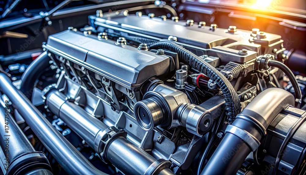 Fototapeta premium Modern car engine symbolizing automotive power, innovation, and mechanical engineering excellence