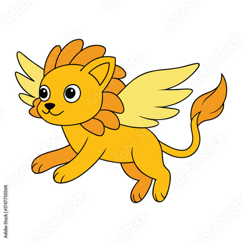 Leaping Winged Lion Cartoon Vector Icon Illustration, Mythical Creature Concept