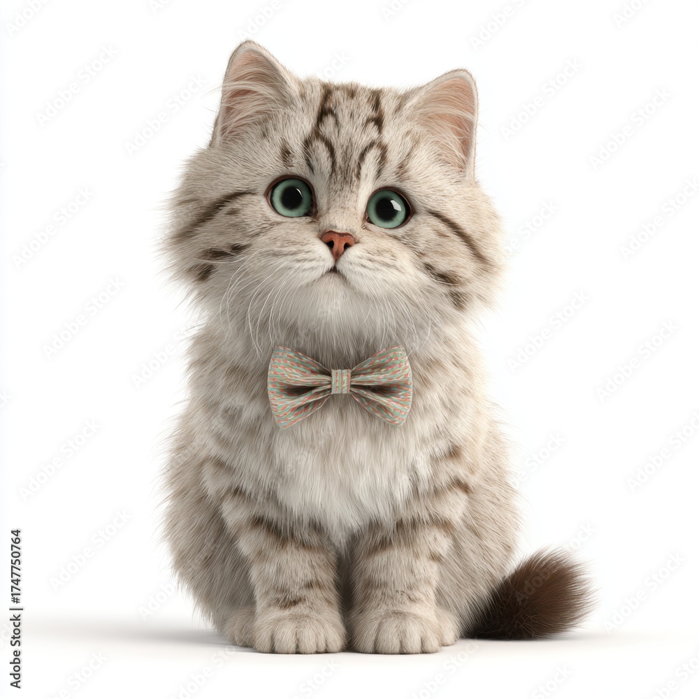 Obraz premium Fluffy Persian kitten with big green eyes wearing a colorful bow tie studio shot
