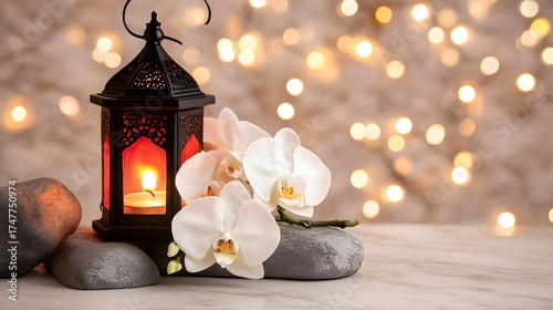 Serene Lantern, White Orchids, and Stones Festive Background