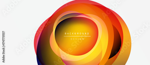 Abstract layers create vibrant circular design. Warm colors dominate, transitioning from yellow to orange, purple. Text reads background design.