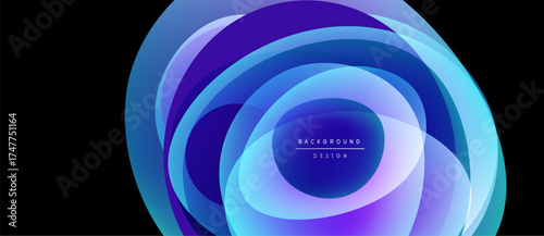 Abstract layers create vibrant circular design. Blue, purple hues blend, forming modern background. Text reads background design.