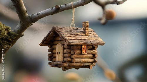 Whimsical tiny log cabin ornament glows warmly, suspended from a mossy branch, evoking cozy enchantment and rustic charm in nature's embrace.