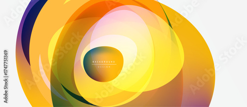 Abstract colorful layers create dynamic swirling pattern. Bright yellows, oranges, greens blend seamlessly. Modern design element.