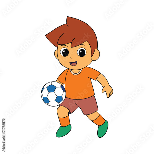 Cute little boy cartoon playing football.