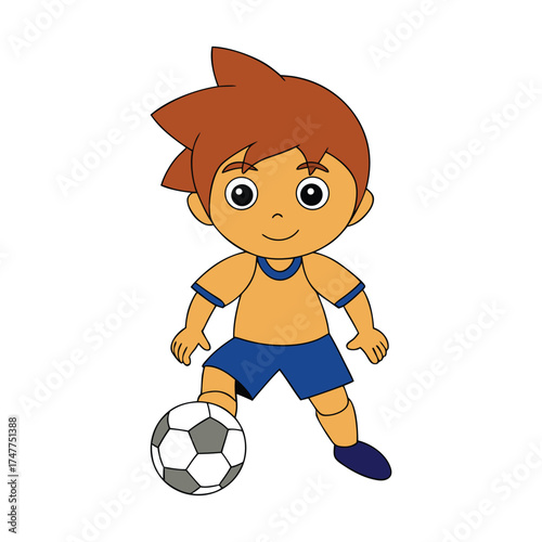 Cute little boy cartoon playing football.