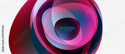 Abstract colorful layers create dynamic circular design. Gradient shades blend, forming modern background element. Minimal text present.