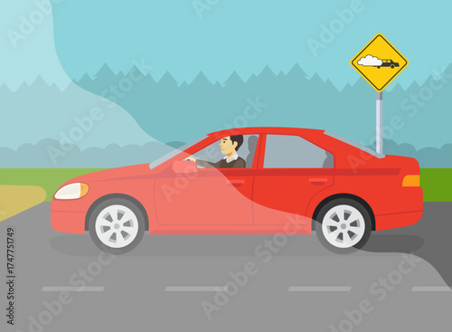 Traffic regulation rules and tips. Side view of a red sedan car approaching the foggy area. Canadian "fog area" sign. Flat vector illustration template.