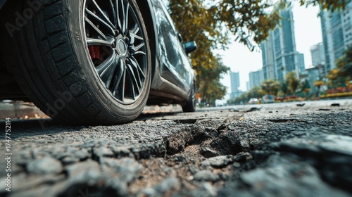 Wallpaper Mural car wheels running and closed up Very bad quality street with potholes. have tree. Damaged asphalt pavement road with potholes in city, dangerous, broken, garage Torontodigital.ca