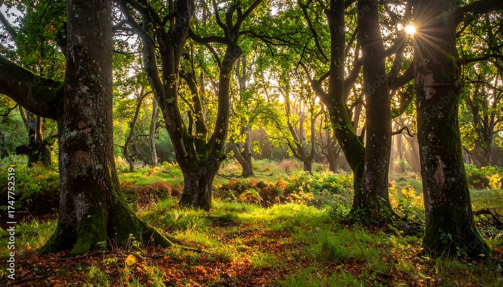 Naklejka premium Sunlight streams through trees in a lush, vibrant green forest scene