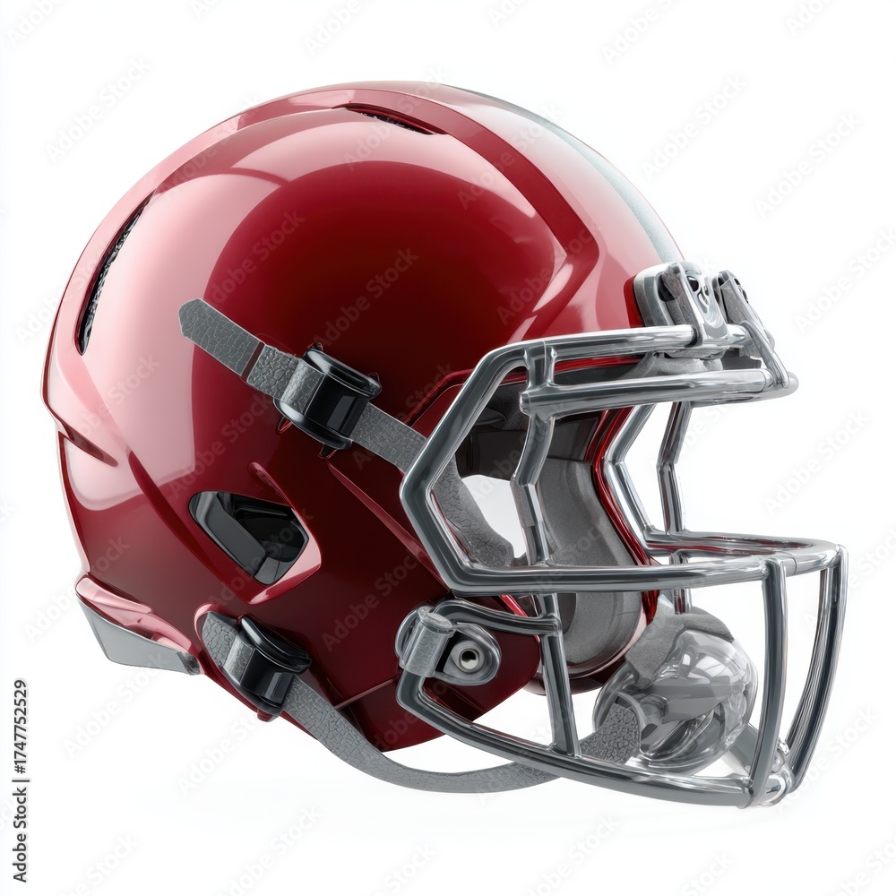 Fototapeta premium A shiny dark red American football helmet with a silver face mask and gray straps