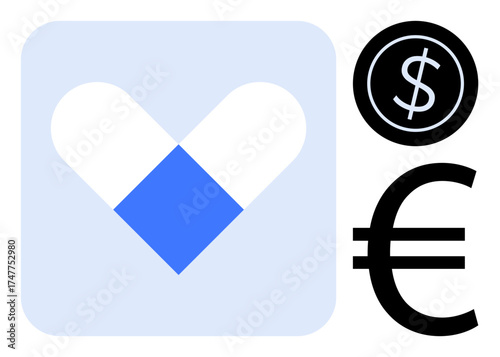 Heart-shaped pill representing healthcare next to dollar and euro symbols, symbolizing costs, funding, medical innovation, global trade, insurance, accessibility, and value. A clean flat metaphor