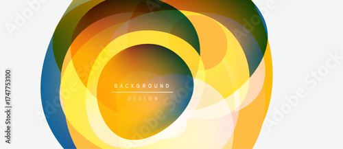 Abstract circular design. Overlapping layers create vibrant color gradients, warm tones dominate composition. Modern, dynamic visual element.