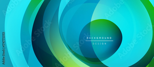 Abstract layered circles, vibrant blues, greens. Modern design suggests movement, depth, energy. Clean aesthetic, simple text overlay.