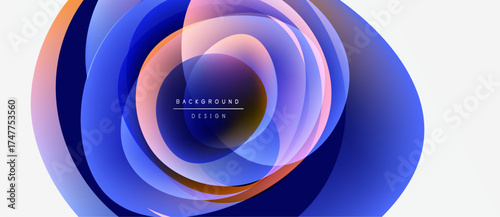 Abstract layers create flowing circular design. Blue, orange hues blend, forming modern background. Text reads background design.