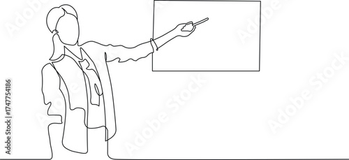 Dynamic line art of a woman presenting on a blank whiteboard with a pen, perfect for adding your own text and designs to give a professional presentation, editable